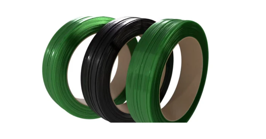 Green and black plastic strapping coils used to secure palletized loads