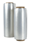Two rolls of clear plastic wrap on a white background