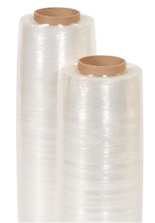 Two rolls of clear plastic wrap with wooden spools on a white background