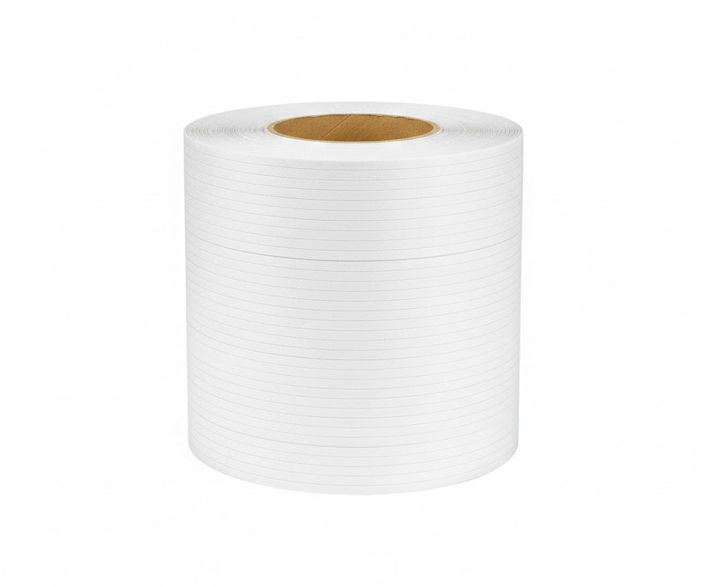 3/8" x 12,900 ft Polypropylene Strapping, White, Embossed Machine Grade, 8" Core, 300 lb